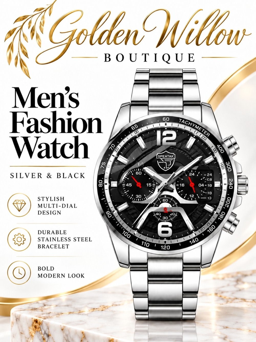 Men's Silver and Black Chronograph Stainless Steel Watch